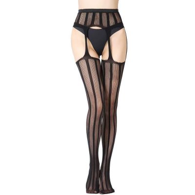 Women's Thigh High Stockings with Garter Belt Black Striped Fishnet Tights Su...